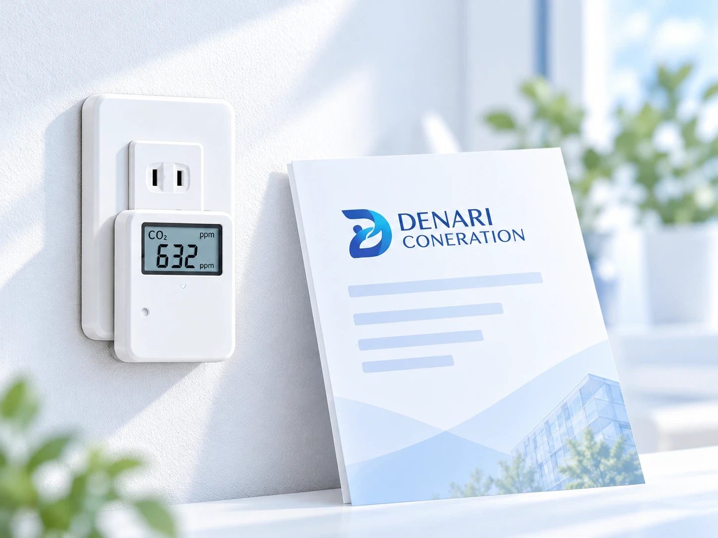 壁のCO₂センサーとデナリのパンフレットのイメージ